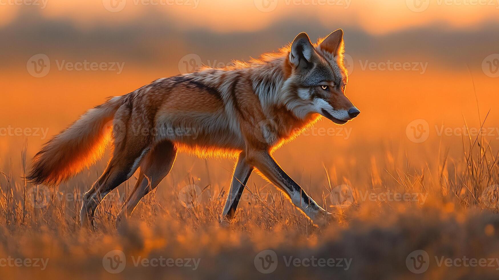 Maned wolf walking gracefully through tall grass the Brazilian savannah its long legs and reddish coat glowing under a vibrant sunset captured with a telephoto lens for elegant composition photo