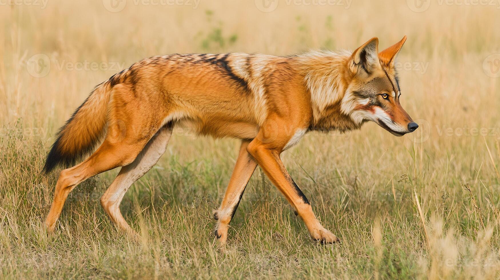 Maned wolf walking gracefully through tall grass South Americas savanna long legs distinctive red coat illuminated by soft morning light captured with a telephoto lens for sharp focus and depth photo