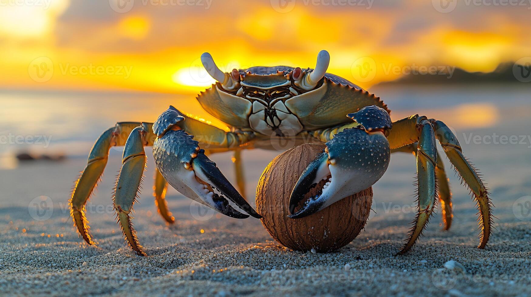 Massive coconut crab crawling over sandy beach its claws gripping a fallen coconut under the warm glow of a tropical sunset captured with a low angle lens for immersive perspective photo