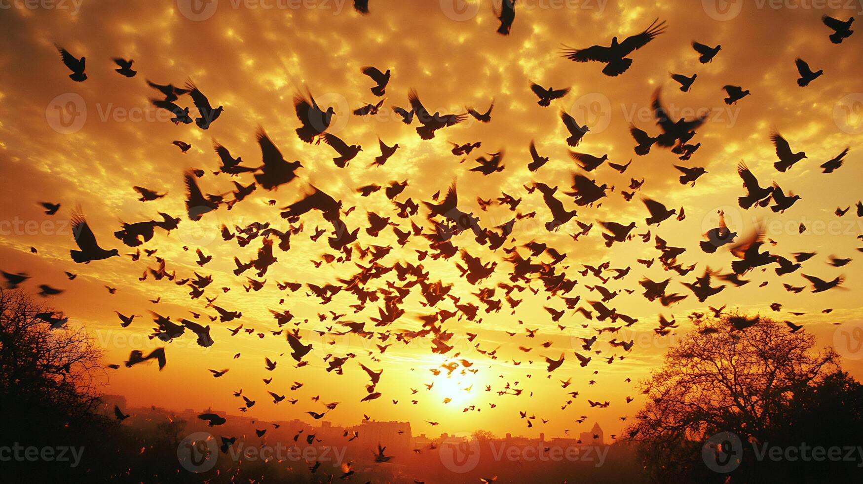 Massive flock of passenger pigeons flying across golden sunset sky their synchronized movements forming intricate patterns captured with a wide angle lens for dynamic group focus photo