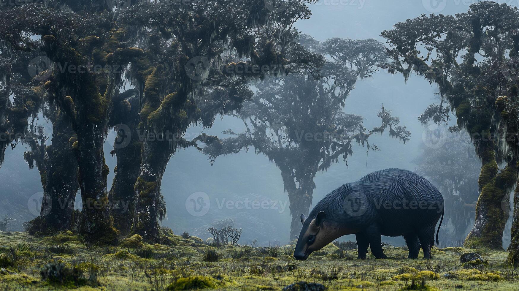 Mountain tapir grazing a misty Andean forest its dark coat shimmering under diffused morning light surrounded by moss covered trees captured with a telephoto lens for serene focus photo