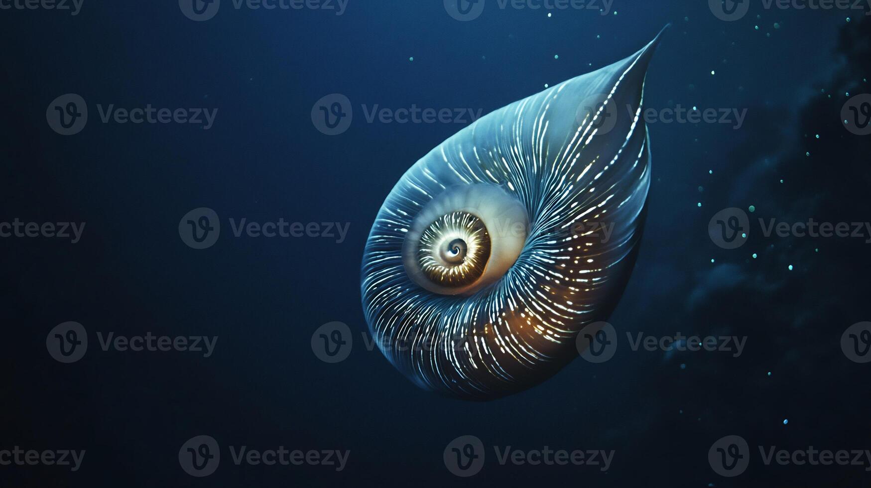 Nautilus drifting gracefully through deep ocean its spiral shell illuminated by faint bioluminescent light captured with an underwater macro lens for intricate detail photo