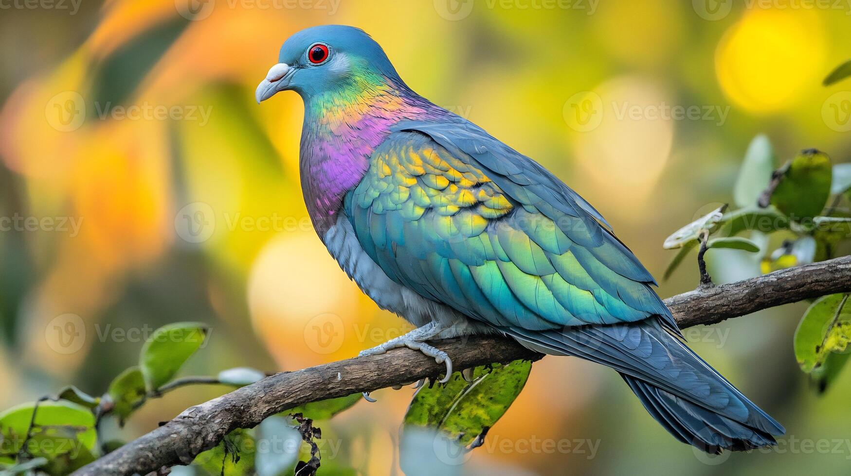 Nicobar pigeon perched a low branch in a tropical rainforest its iridescent feathers shimmering under dappled sunlight captured with a shallow depth of field to isolate its striking colors photo