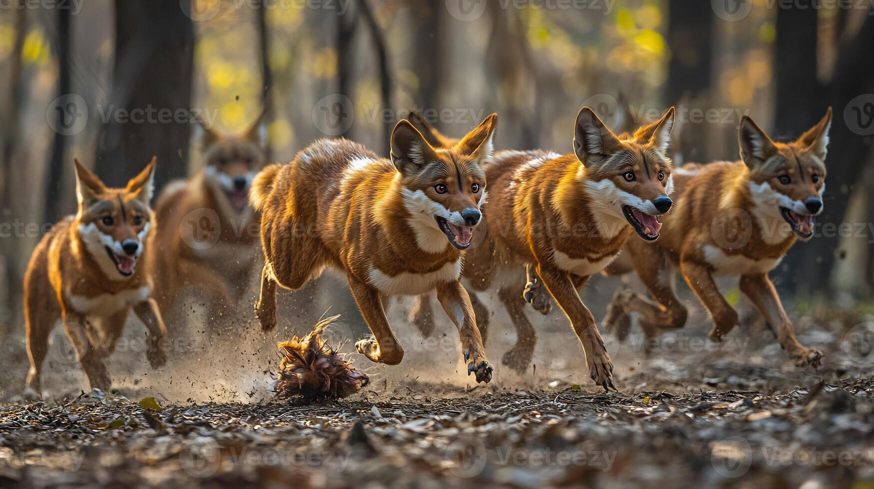 Pack of dholes chasing prey through open forest their lithe bodies and coordinated movements illuminated by scattered sunlight captured with a telephoto lens for dynamic action photo