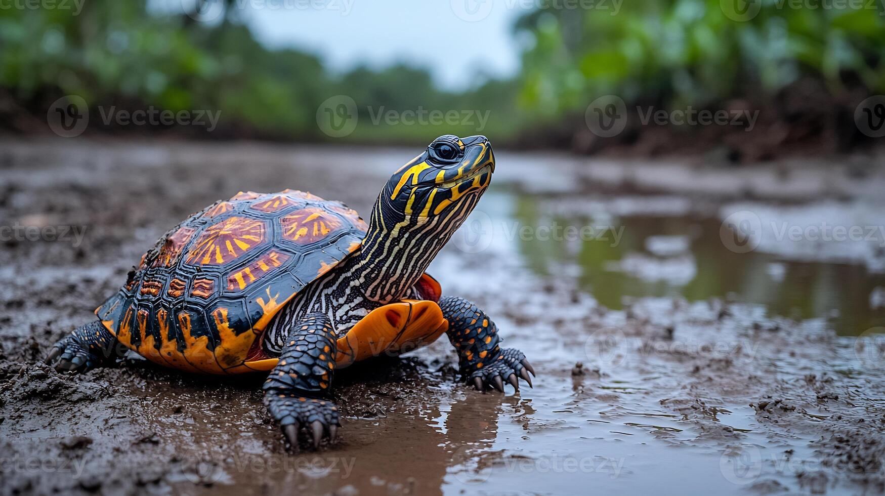 Painted terrapin basking a muddy riverbank under a soft overcast sky its colorful shell and patterned skin highlighted by diffused natural light captured with a macro lens for intricate detail photo