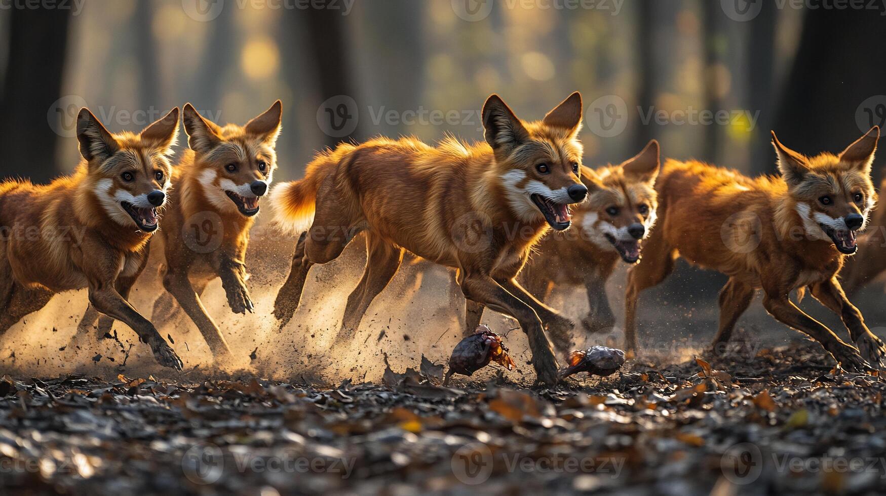 Pack of dholes Indian wild dogs chasing prey through open forest clearing their russet fur glowing under golden light captured with a high speed telephoto lens for dynamic motion photo