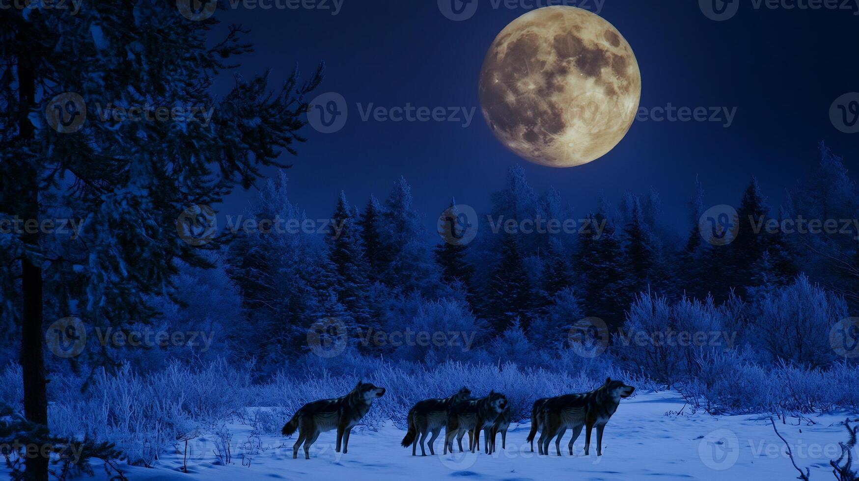 Pack of wolves silhouetted against full moon in a snowy forest their howls piercing through the serene night captured with a long lens to add drama to the wilderness scene photo