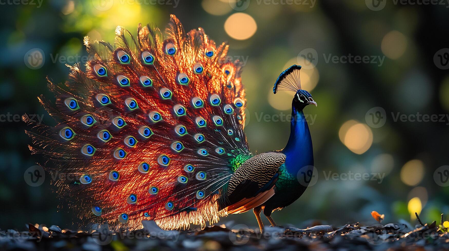 Palawan peacock pheasant displaying iridescent feathers dimly lit forest clearing its vivid colors glowing against the dark surroundings captured with a telephoto lens for dramatic wildlife artistry photo