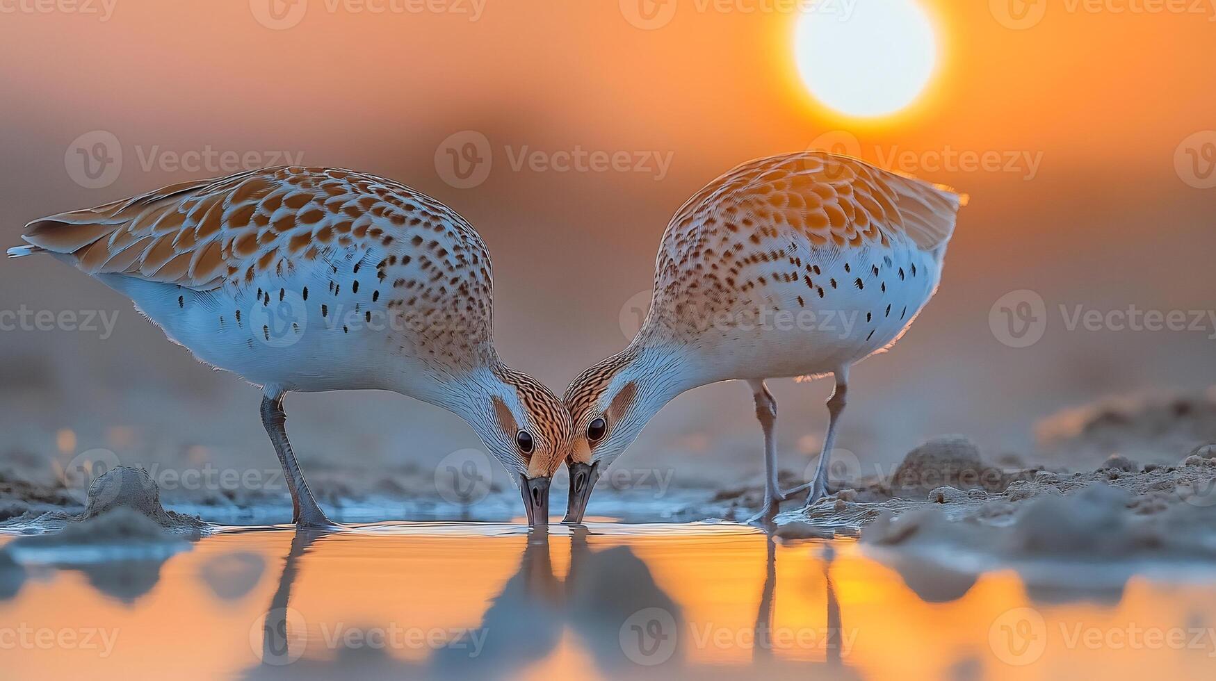 Pair of sandgrouse drinking a shallow desert waterhole at sunrise their feathers reflecting the warm hues of early morning light captured with a low angle telephoto lens photo