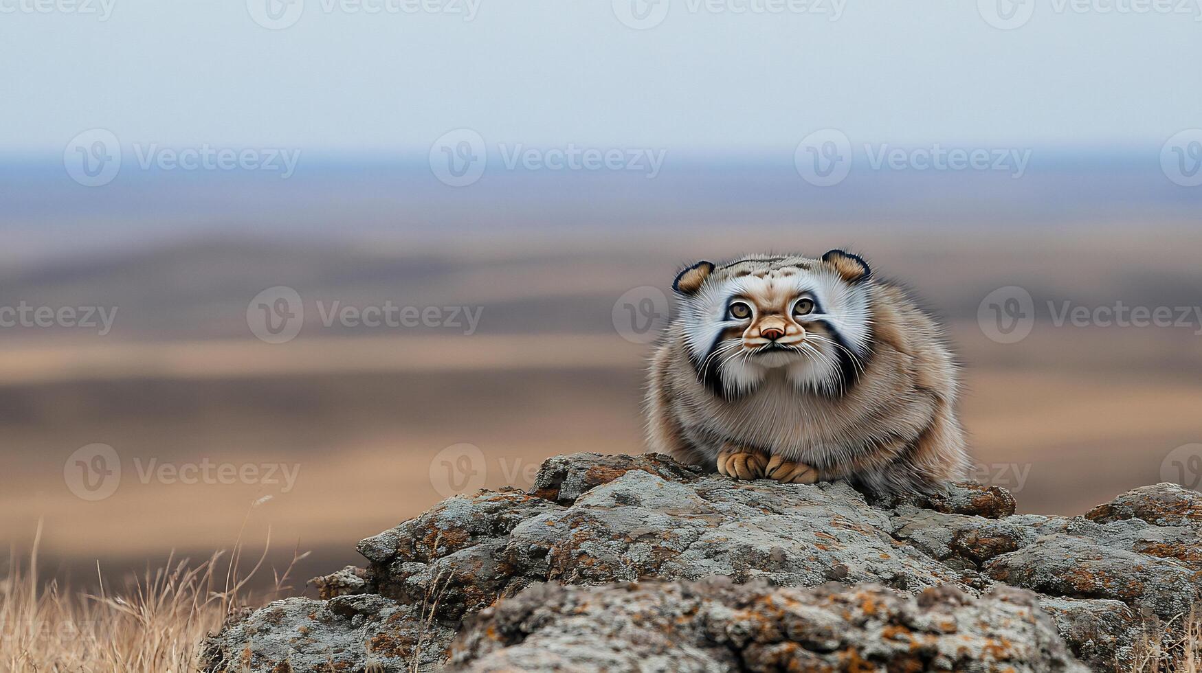 Pallass cat crouching a rocky outcrop in a vast steppe its fluffy coat blending into the muted landscape captured with a telephoto lens to highlight its elusive nature photo