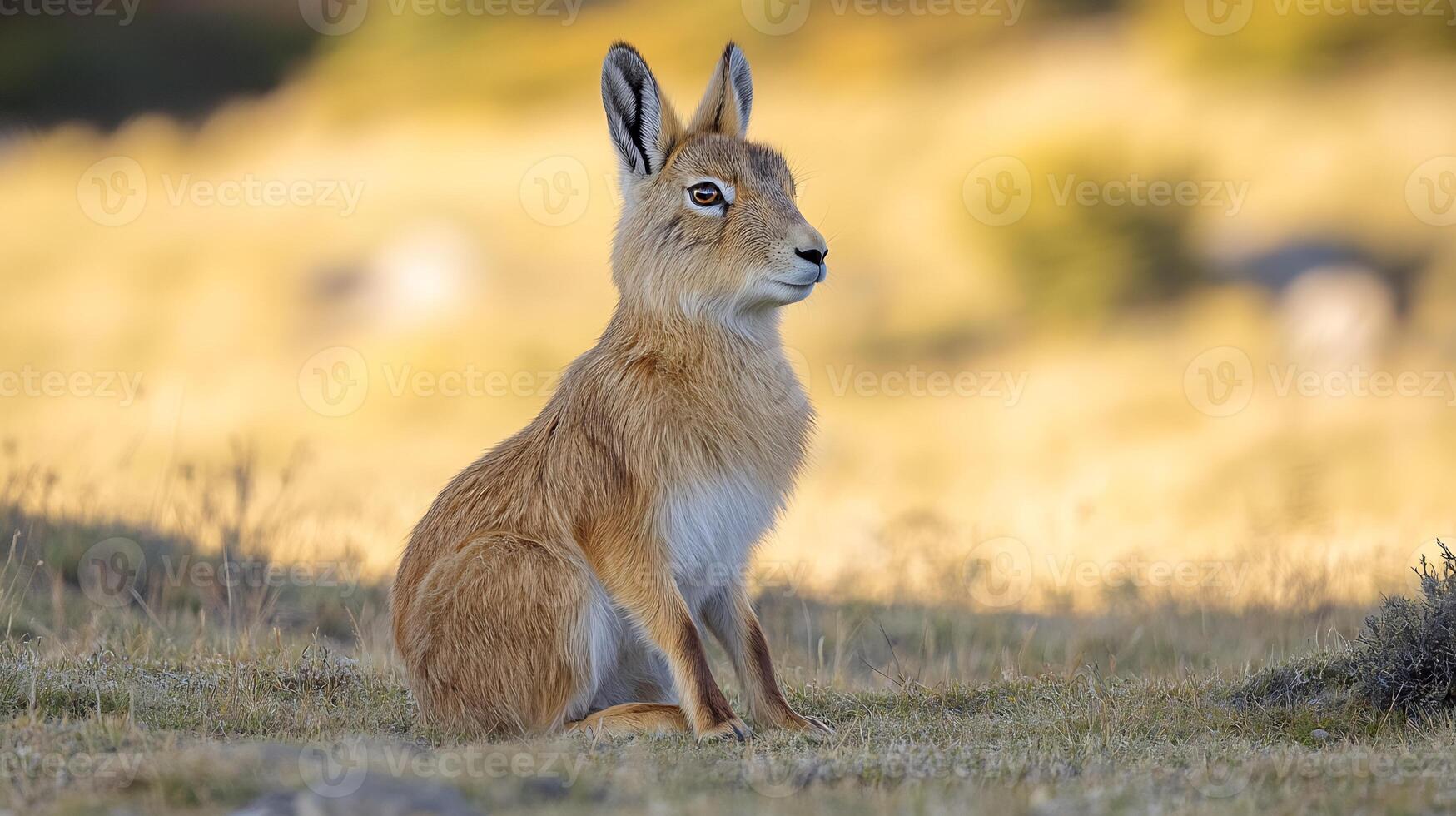 Patagonian mara sitting alert an open grassland its long legs and soft fur glowing under the warm afternoon light captured with a low angle lens for an immersive perspective photo