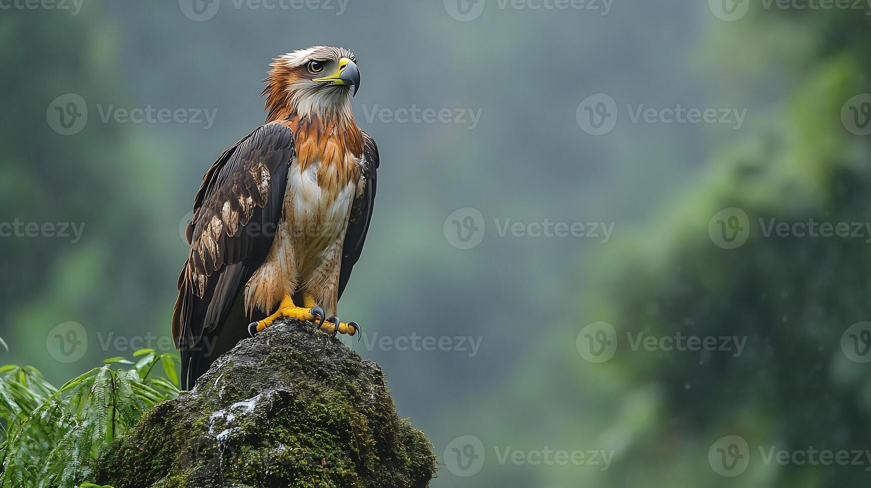 Philippine eagle perched the edge of a rocky cliff its sharp beak and piercing eyes framed against a misty rainforest backdrop captured with a telephoto lens for a regal composition photo