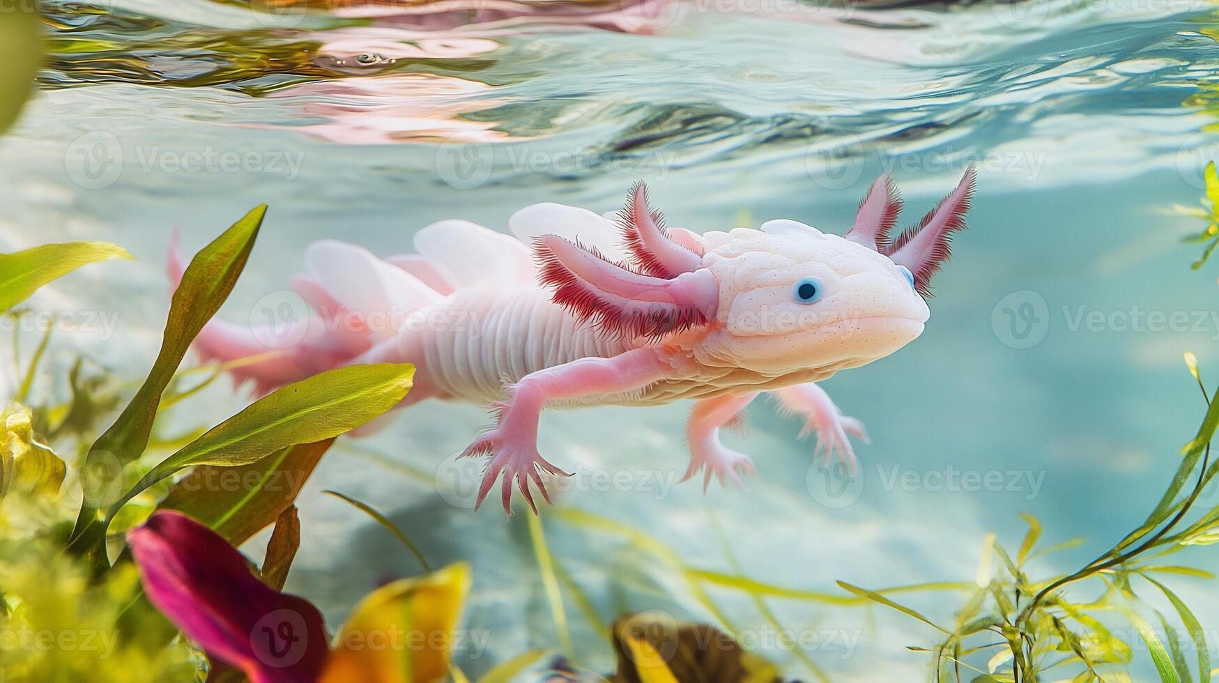 Pink axolotl floating gracefully crystal clear water surrounded by vibrant aquatic plants its delicate gills and unique features highlighted captured with a macro lens for extreme close up clarity photo