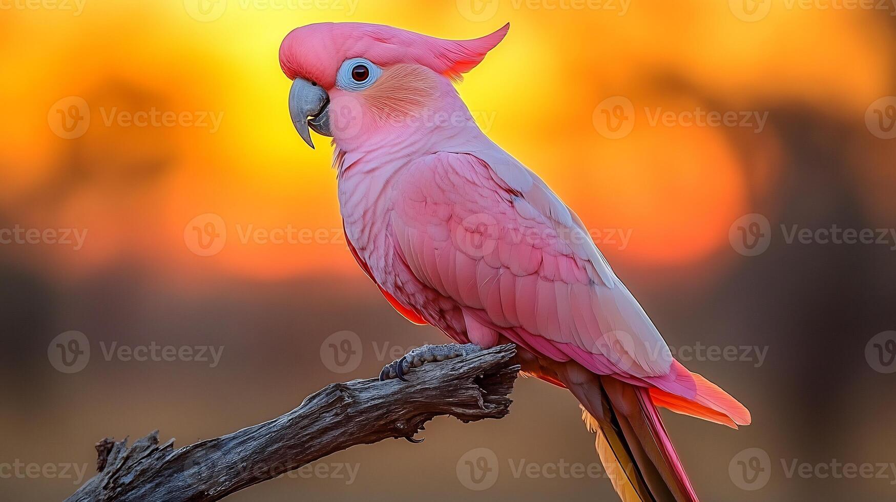 Pink cockatoo perched a dead tree branch in the Australian outback its feathers glowing under the vibrant colors of a desert sunset captured with a telephoto lens for striking contrast photo