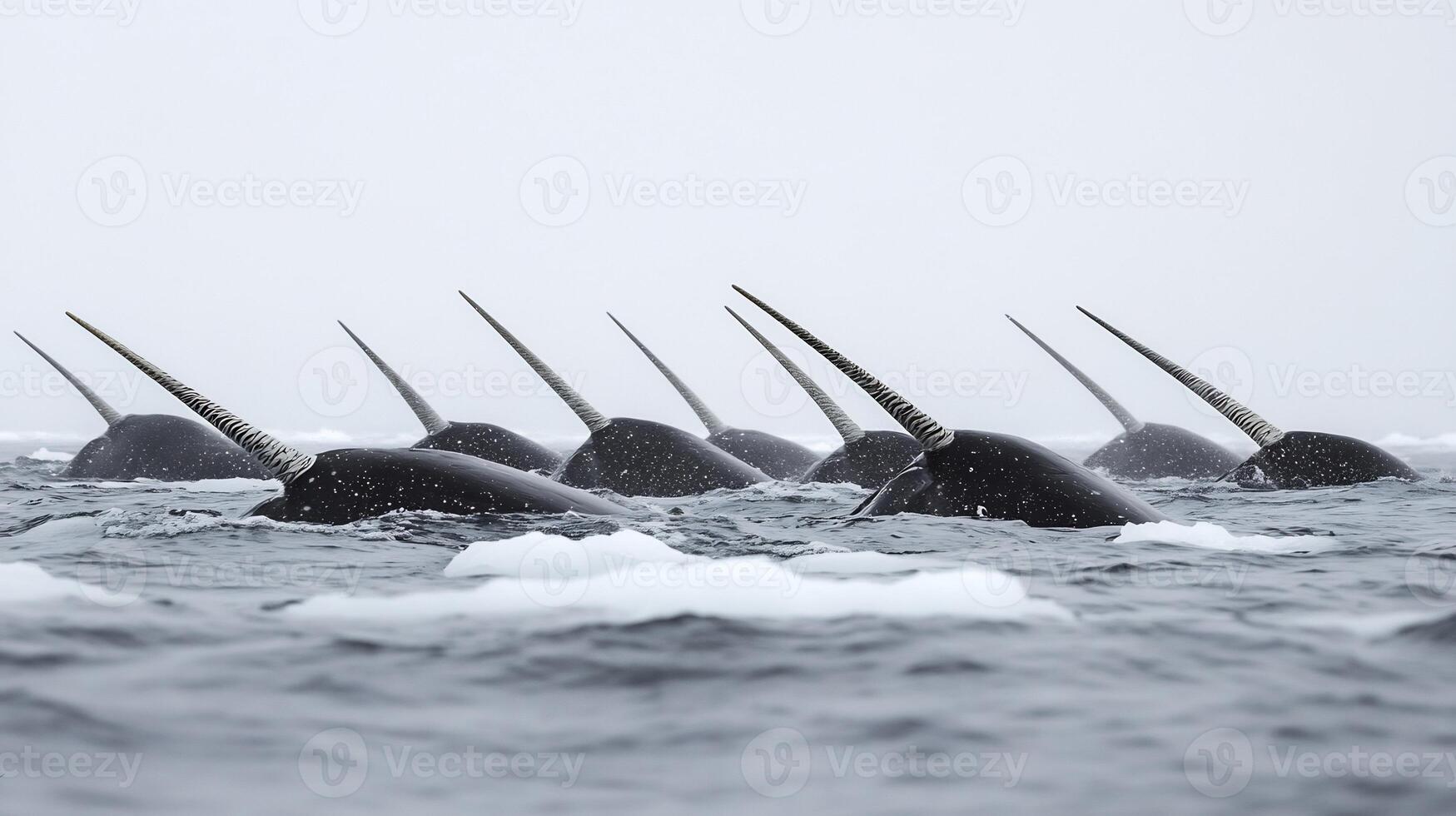 Pod of narwhals swimming together through icy Arctic waters their long tusks piercing surface and reflecting the soft glow of the polar sun captured with a wide angle lens for scale and depth photo