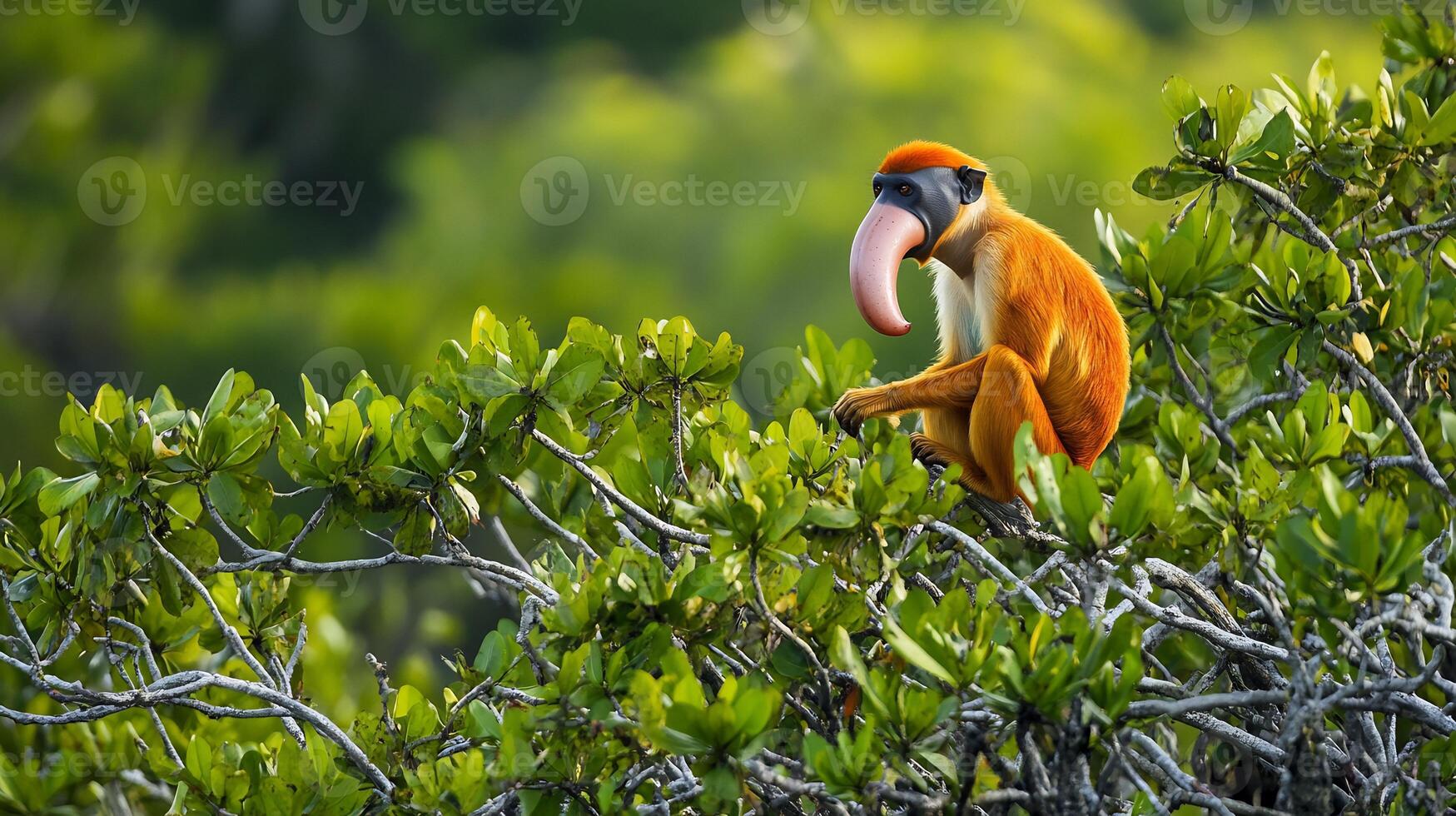 Proboscis monkey sitting calmly a mangrove tree its long nose and orange coat vividly detailed against the vibrant green backdrop captured with a telephoto lens to highlight its unique appearance photo