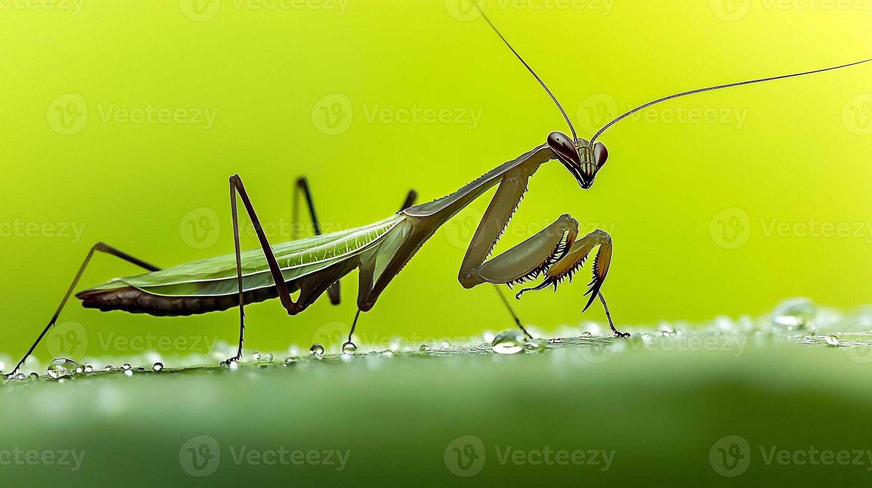 Praying mantis poised delicately a dew covered leaf its slender body and sharp forelegs detailed against a soft green background captured with a macro lens for close up precision photo