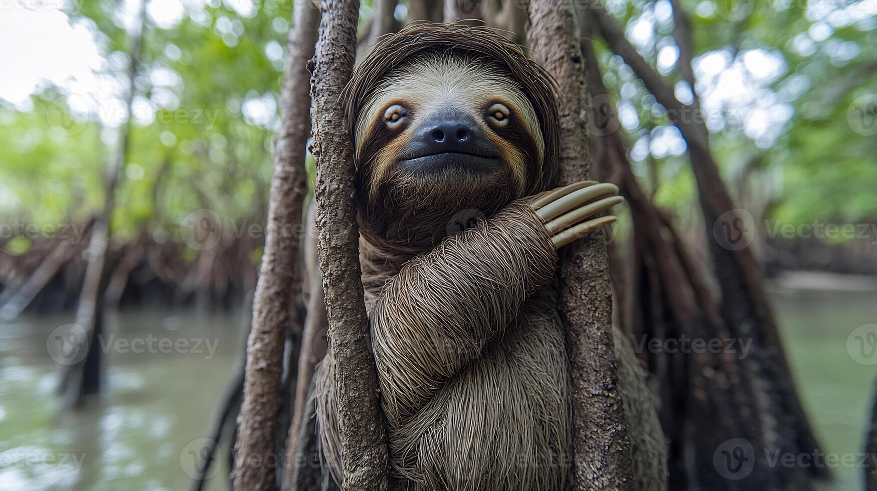 Pygmy three toed sloth clinging a mangrove tree in a tidal forest its slow movements and gentle expression perfectly framed by the surrounding roots captured with a telephoto lens for serene detail photo