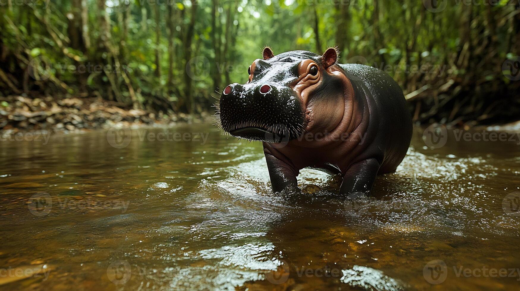 Pygmy hippopotamus wading through shallow forest river its rounded body and wet skin reflecting soft afternoon light captured with a low angle telephoto lens for immersive detail photo