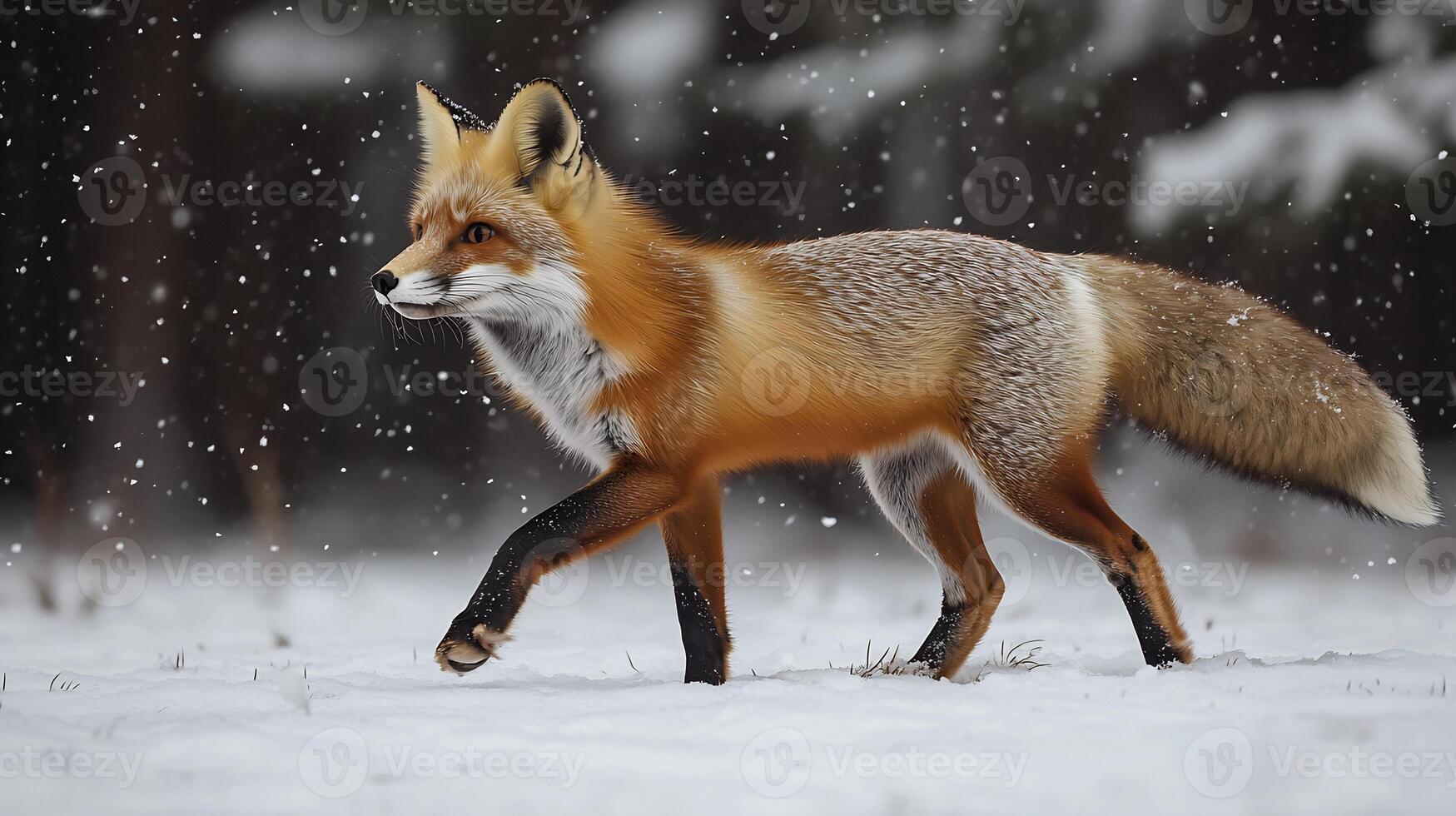 Red fox walking cautiously through snow covered forest under the faint light of stars its fur glowing softly in the icy stillness captured with a telephoto lens for serene detail photo