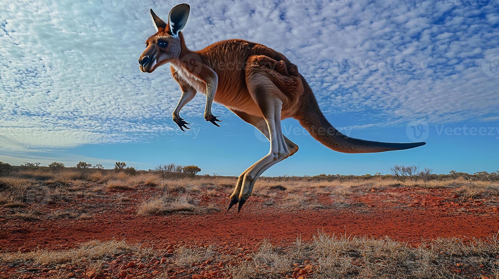 Red kangaroo bounding across Australian outback strong muscles movement frozen mid jump set against backdrop of red earth and blue sky captured with a high speed telephoto lens for action precision photo