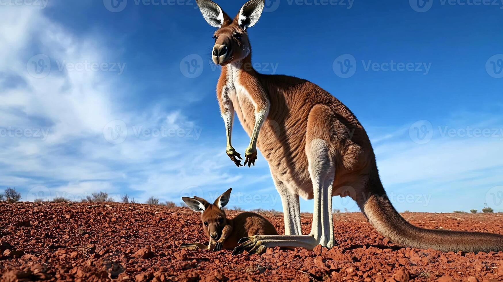 Red kangaroo standing tall the Australian outback with a joey peeking out of her pouch set against a backdrop of red soil and blue sky captured with a telephoto lens for vibrant wildlife detail photo