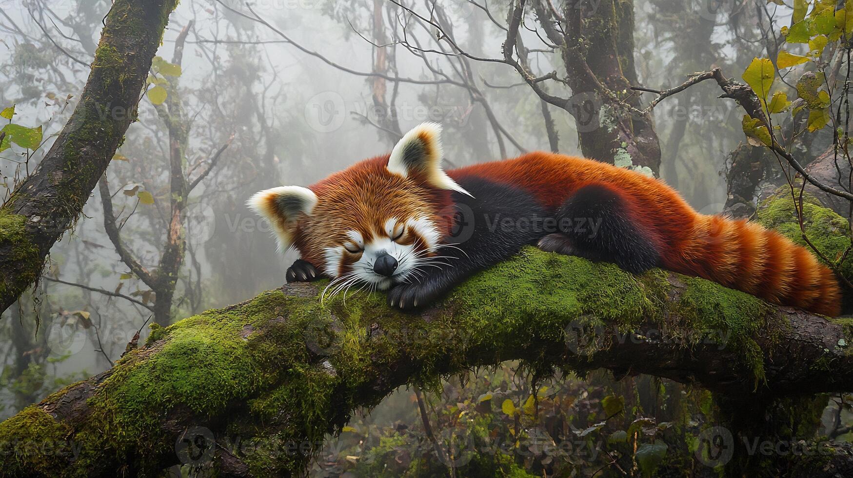 Red panda curled up moss covered tree branch peacefully sleeping in a misty Himalayan forest its vibrant fur contrasting with the muted surroundings captured with a shallow depth of field for focus photo