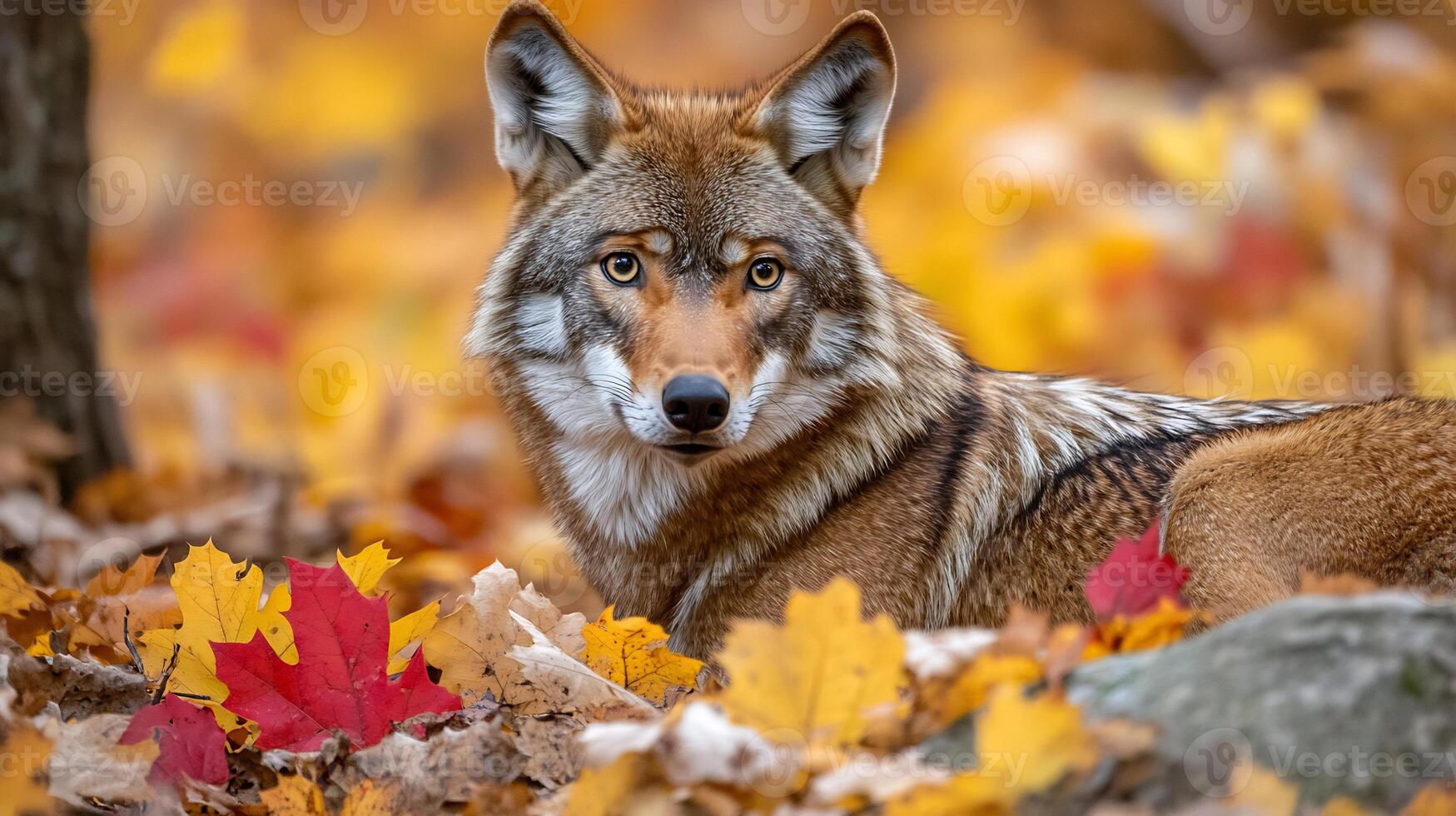 Red wolf prowling through colorful autumn forest its sleek coat blending with the vibrant orange and yellow leaves captured with a telephoto lens for sharp detail photo