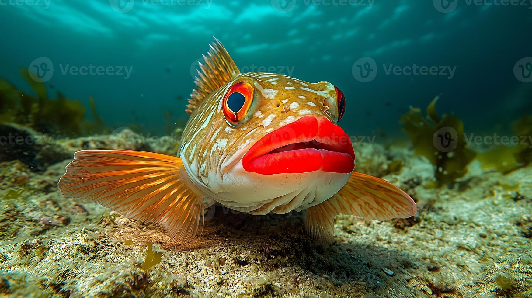 Red lipped batfish resting the sandy ocean floor its vibrant red lips contrasting with its muted body captured with an underwater macro lens for vivid detail photo