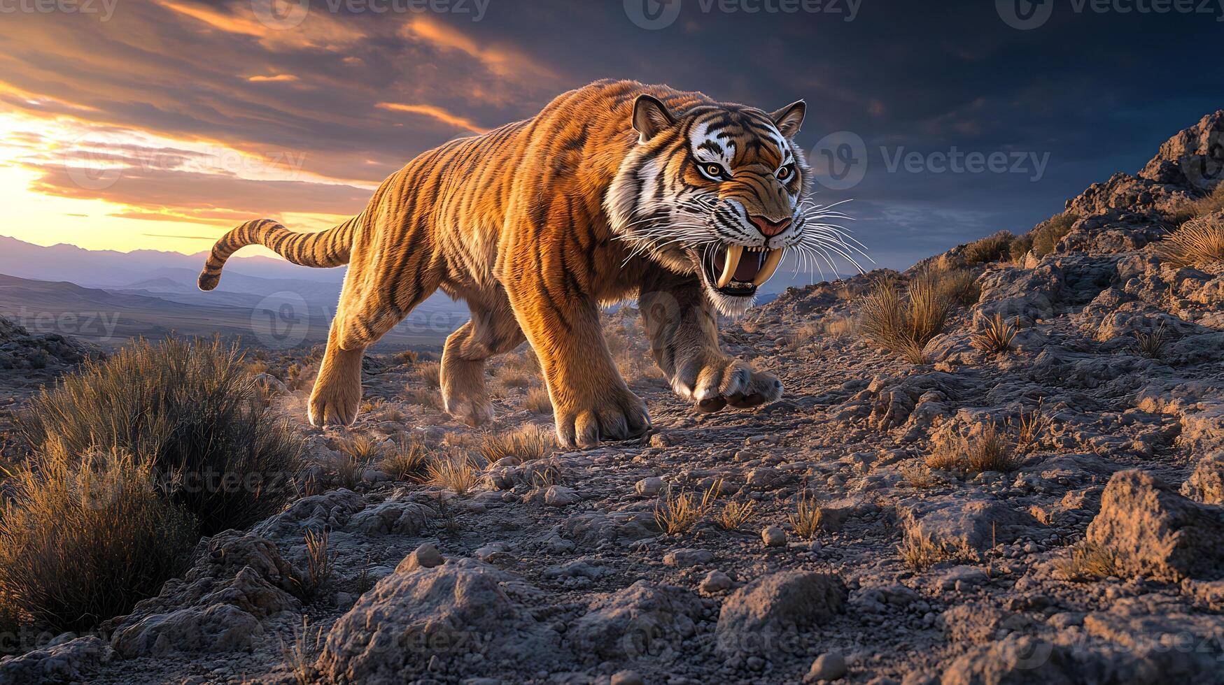 Saber toothed tiger stalking prey a rugged rocky terrain under a twilight sky its long fangs gleaming in the fading light captured with a telephoto lens for intense action photo