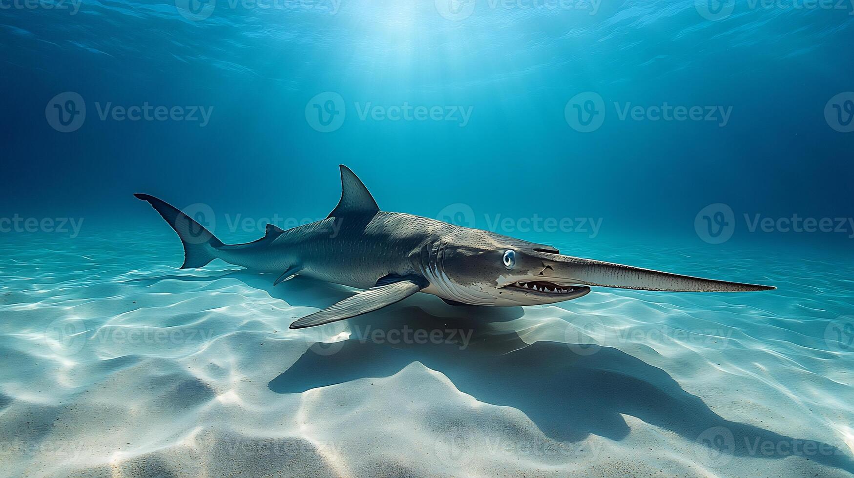 Sawfish gliding gracefully over sandy ocean floor its long toothed rostrum glowing faintly under soft ripples of sunlight captured with an underwater telephoto lens for dramatic scale photo