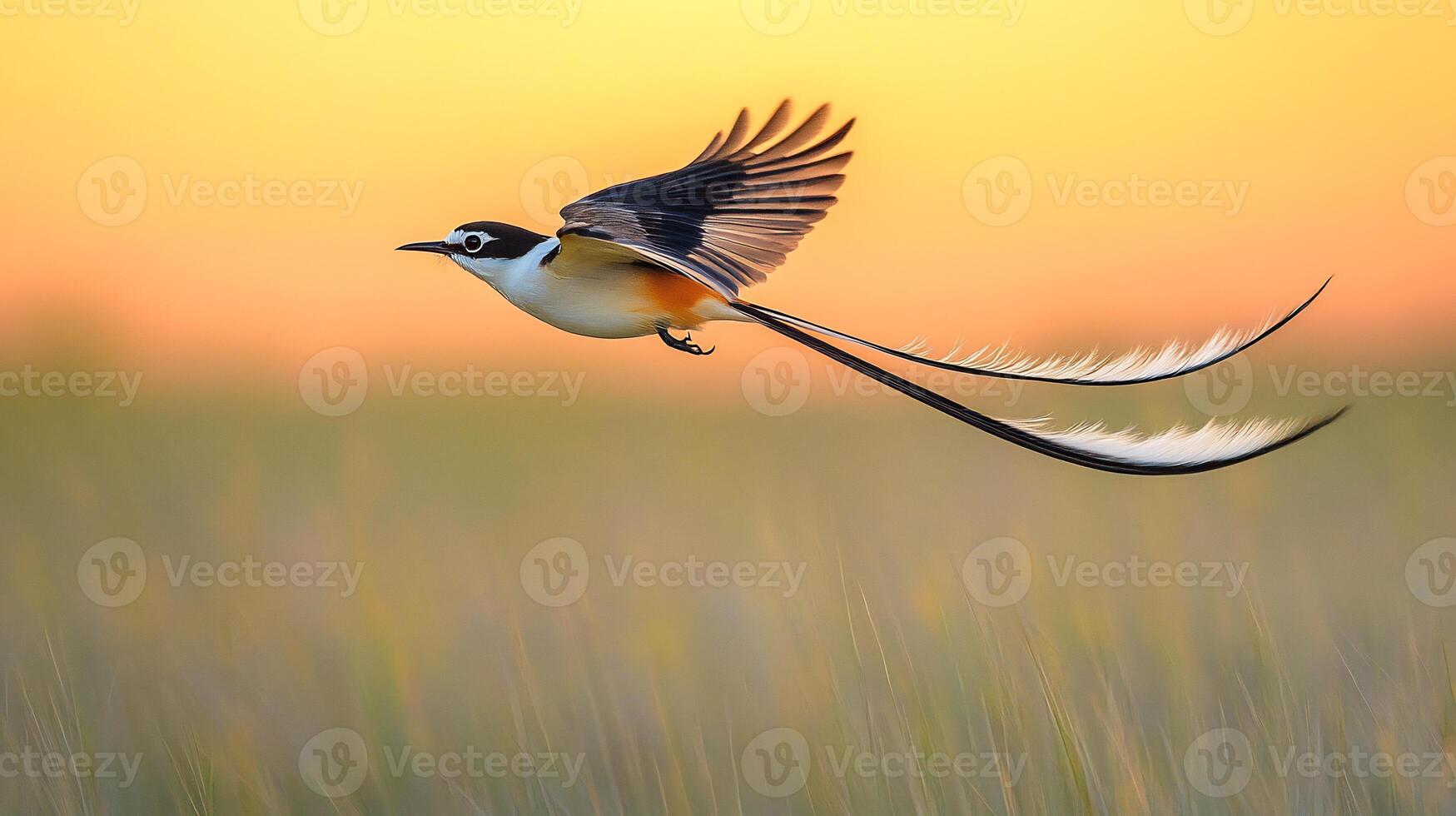 Scissor tailed flycatcher mid flight above grassy plain long tail feathers trailing elegantly behind it soars under a pastel sunset captured with a telephoto lens for sharp focus and dynamic motion photo