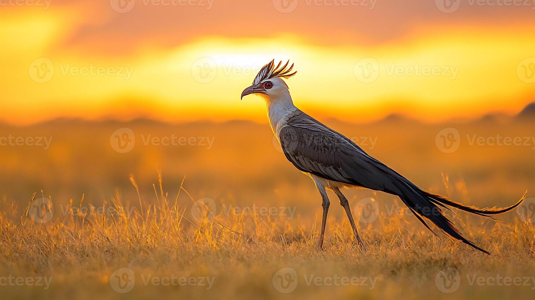 Secretary bird stalking prey through golden savanna grass long legs and striking head feathers perfectly framed under a dramatic sunset sky captured with a shallow depth of field for intense focus photo