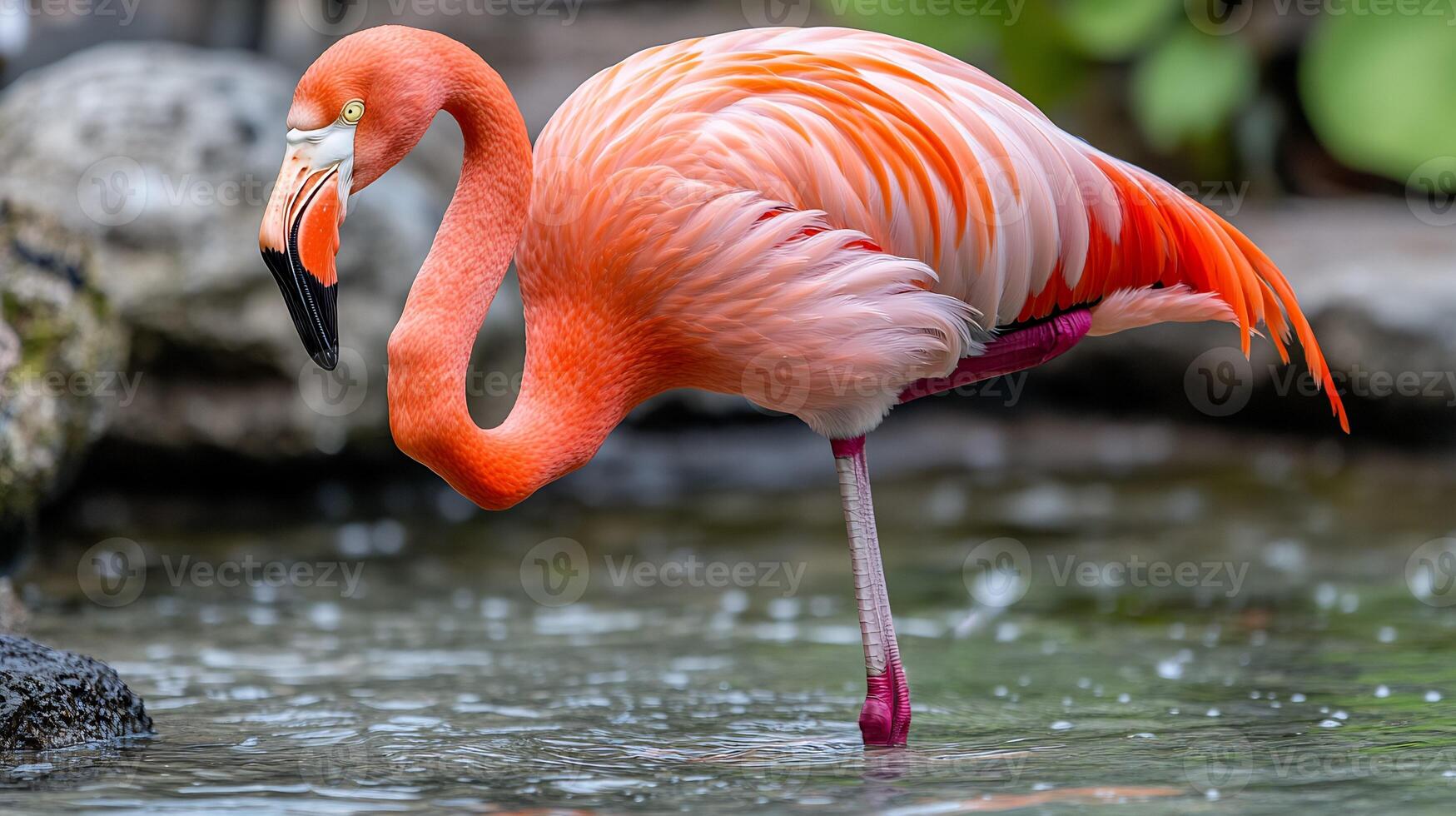 Single flamingo vibrant pink feathers standing in crystal clear water one leg tucked under its body with the background softly blurred using a telephoto lens for emphasis photo