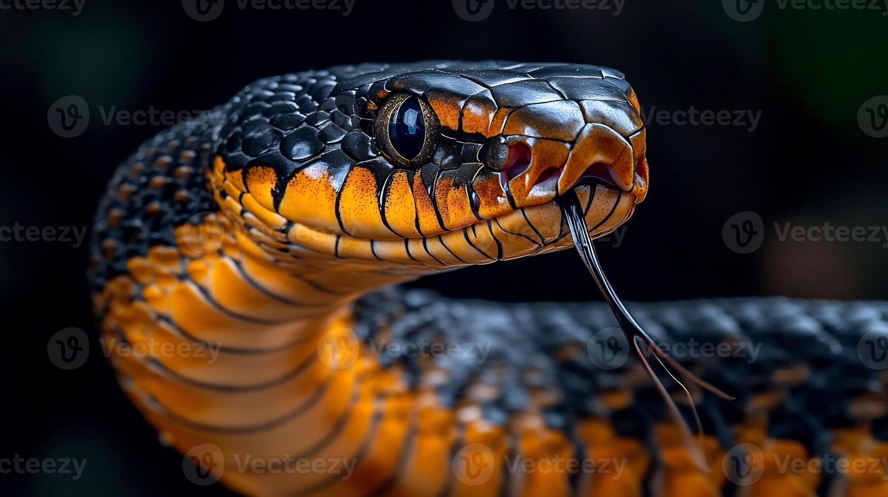 Spectacled cobra poised strike its hood fully expanded with its intricate scale patterns glowing under warm sunlight captured with a telephoto lens for intense focus photo
