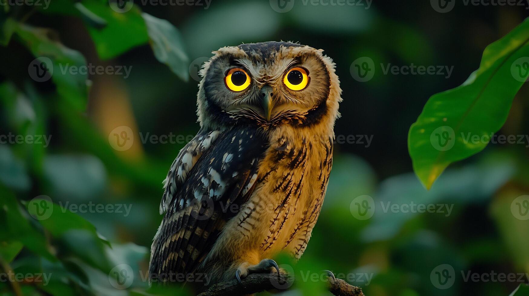 Spectacled owl perched low branch dense rainforest under moonlight large yellow eyes glowing softly surrounded silhouetted foliage captured with a low light telephoto lens for nocturnal ambiance photo