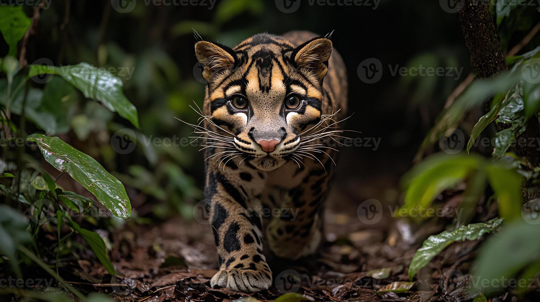 Sunda clouded leopard prowling silently through dense jungle its unique spotted coat blending with the shadows captured with a telephoto lens for dramatic focus photo