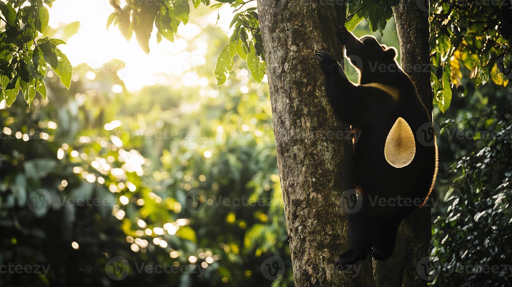 Sun bear climbing tree tropical forest its unique crescent shaped chest marking highlighted by soft sunlight filtering through the canopy captured with a telephoto lens for a natural and candid view photo