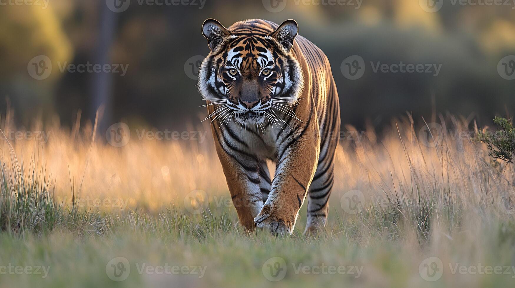 Tasmanian tiger walking cautiously through grassy field at dusk its striped body blending into the dim light with tall grass framing the scene captured with a telephoto lens for a rare intimate view photo