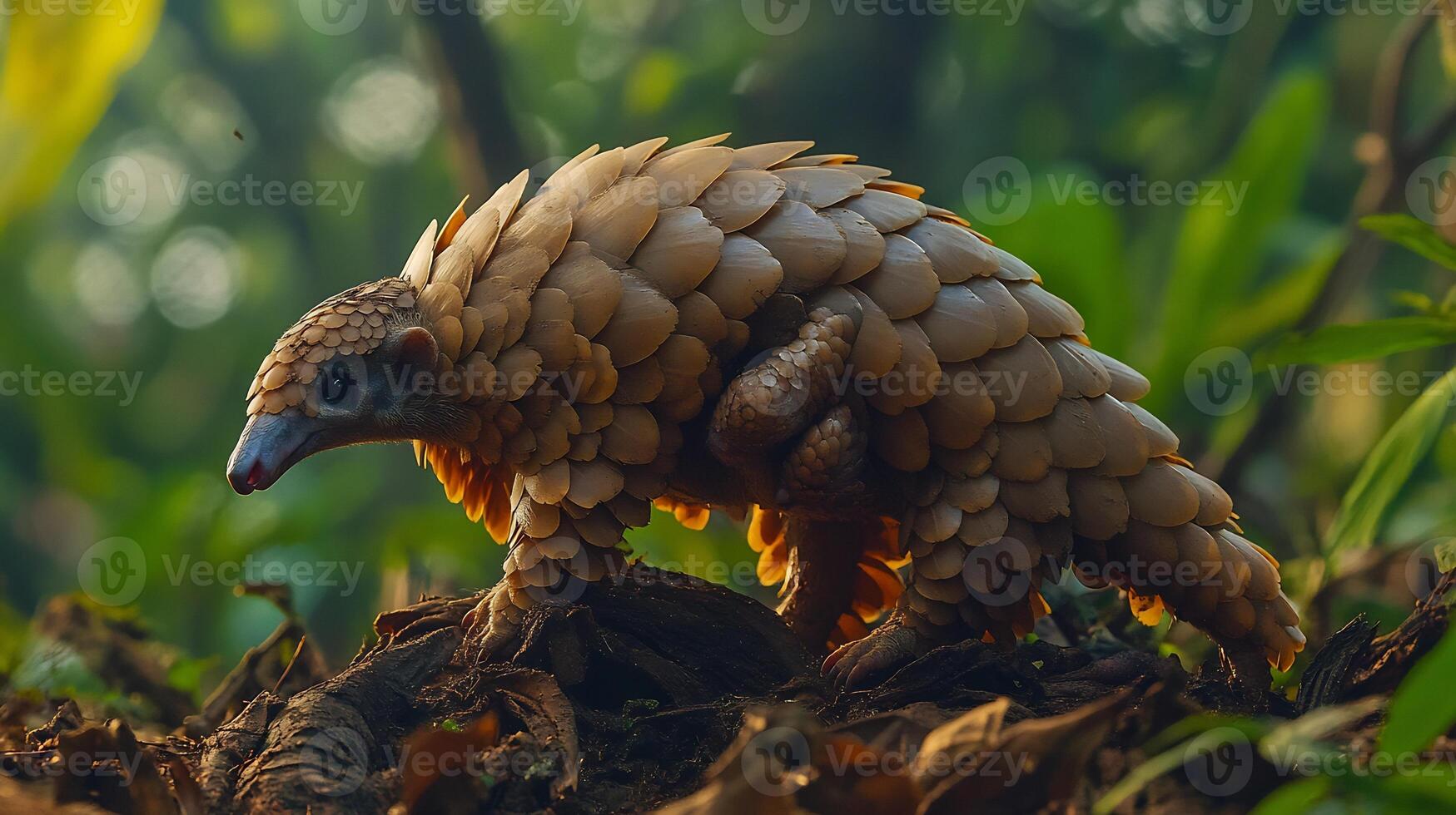Sunda pangolin carrying baby on its back through a dense jungle their overlapping scales glowing faintly under dappled light captured with a telephoto lens for rare detail photo