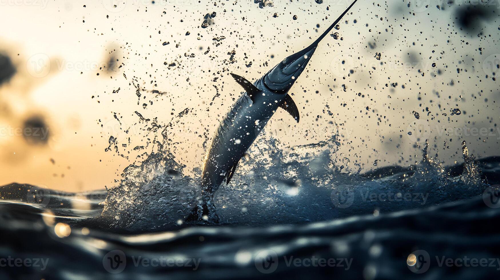 Swordfish leaping out of water during a hunt its streamlined body glistening in the sunlight with water droplets frozen mid air captured with a high speed telephoto lens for dynamic action photo