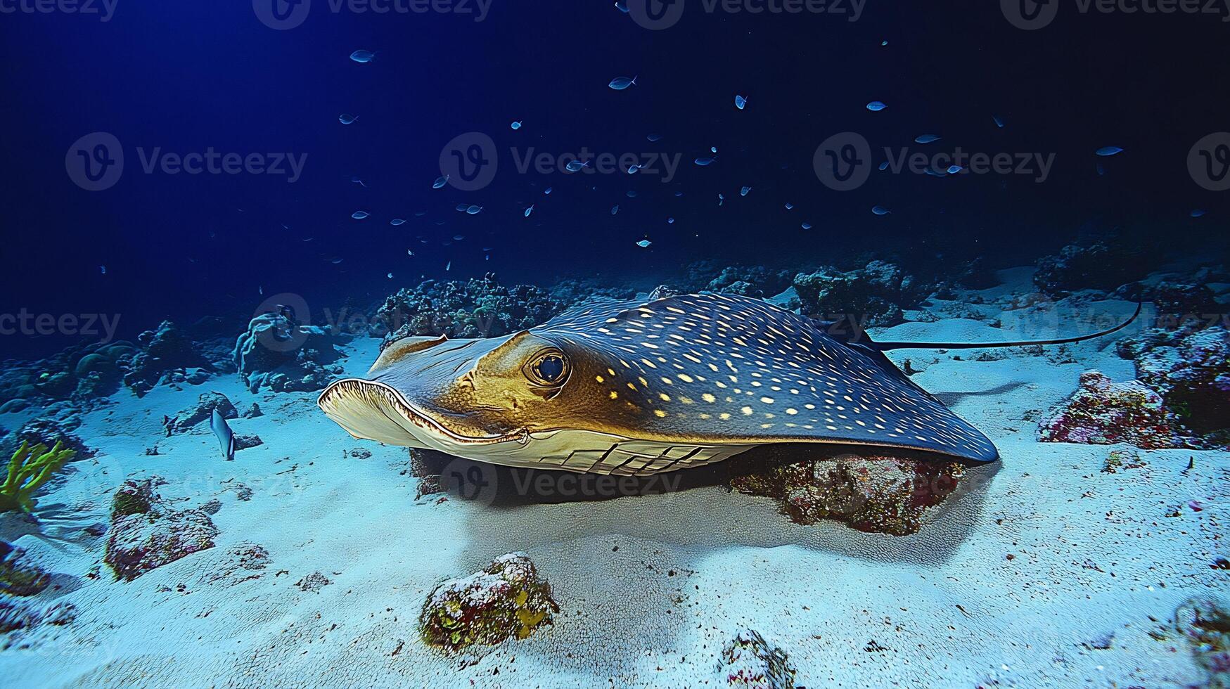 Thornback ray resting the sandy seabed its patterned skin blending with the ocean floor surrounded by small schools of fish captured with an underwater macro lens for subtle natural detail photo