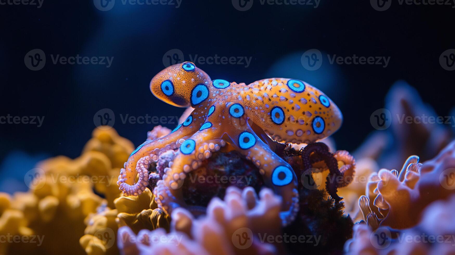 Tiny blue ringed octopus resting a coral reef its vibrant blue markings glowing vividly under soft underwater lighting captured with a macro lens for striking contrast photo