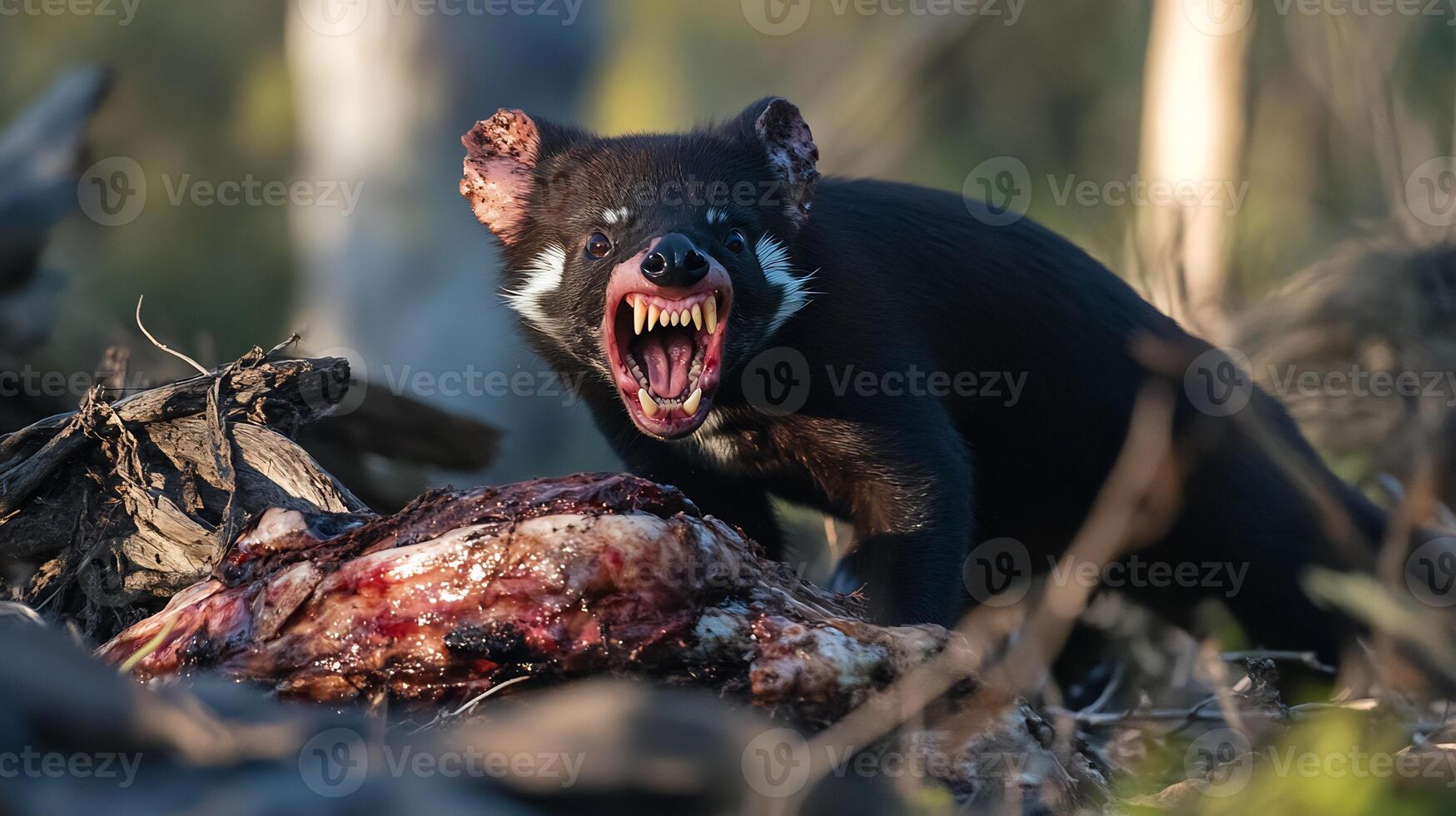 Tasmanian devil snarling it defends a carcass in the wilderness its teeth and expression highlighted dramatically with side lighting captured with a telephoto lens for intense focus photo