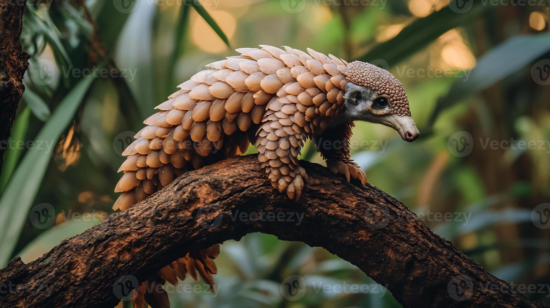 Tree pangolin climbing thick branch in a tropical rainforest its scaled body shimmering in the filtered sunlight captured with a telephoto lens for sharp natural detail photo