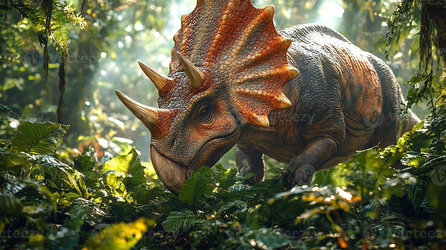 Triceratops grazing low hanging leaves lush prehistoric forest its textured frill glowing under soft sunlight filtering through the ancient canopy captured with a telephoto lens for realistic detail photo