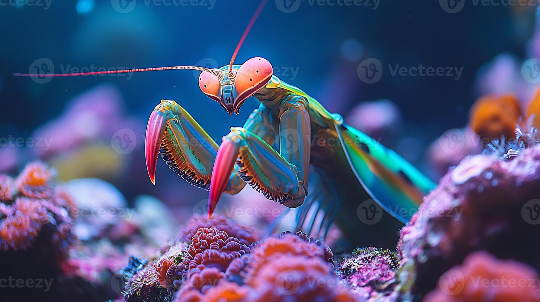 Vibrant mantis shrimp poised strike its prey on a coral reef its powerful claws glowing under soft underwater light captured with a macro lens for vivid texture and action photo