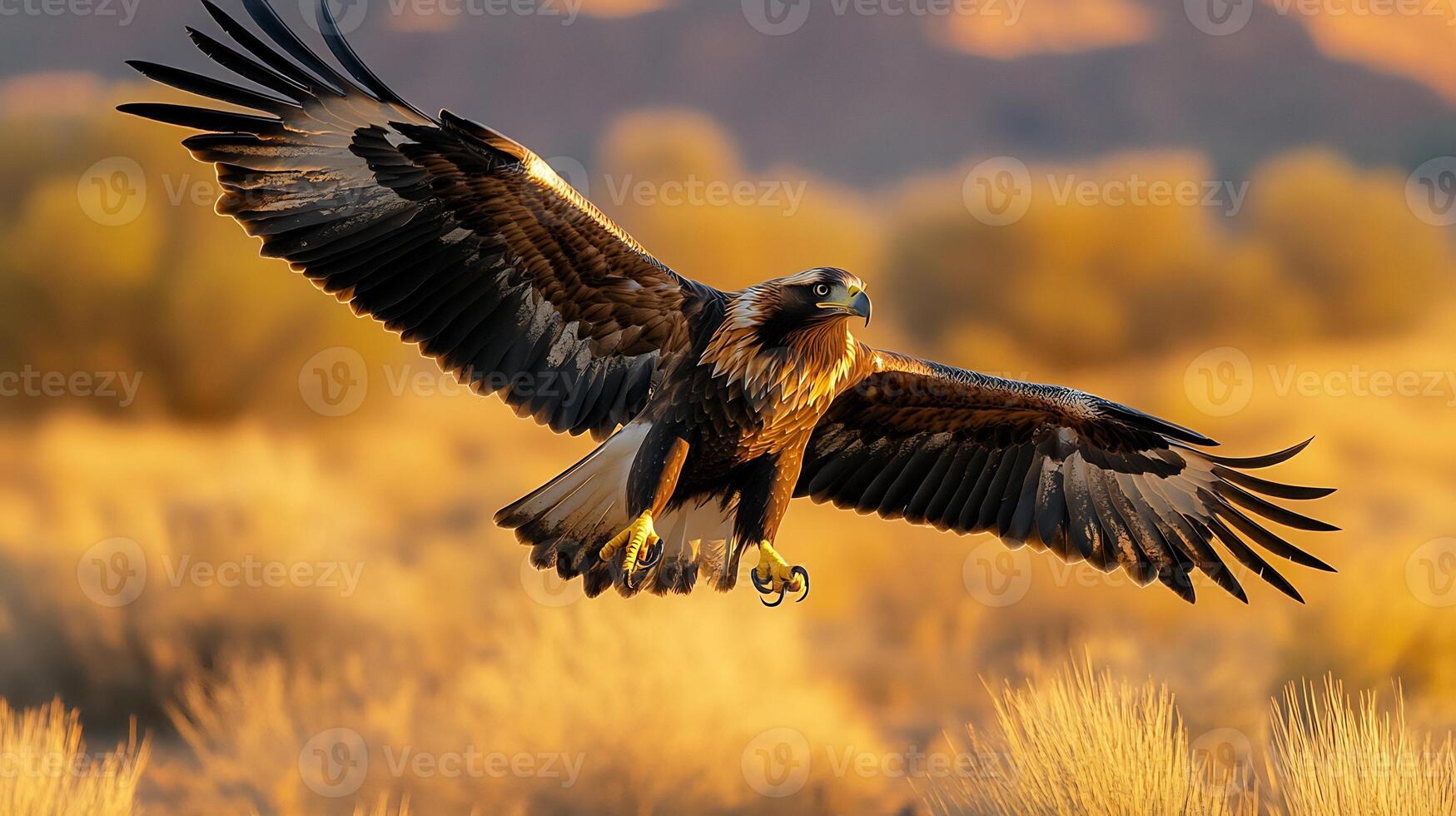 Wedge tailed eagle diving toward prey over Australian desert outstretched talons and massive wingspan illuminated by golden hour light captured with a high speed telephoto lens for frozen action photo