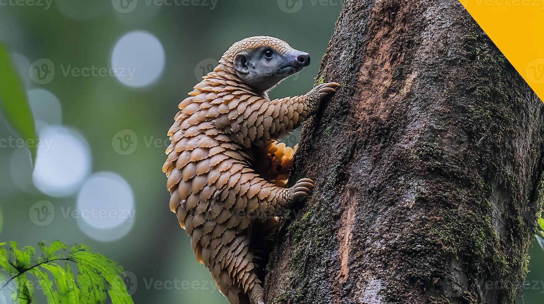 White bellied pangolin scaling trunk of a rainforest tree its armored body reflecting soft sunlight filtering through the canopy captured with a telephoto lens for vivid texture photo