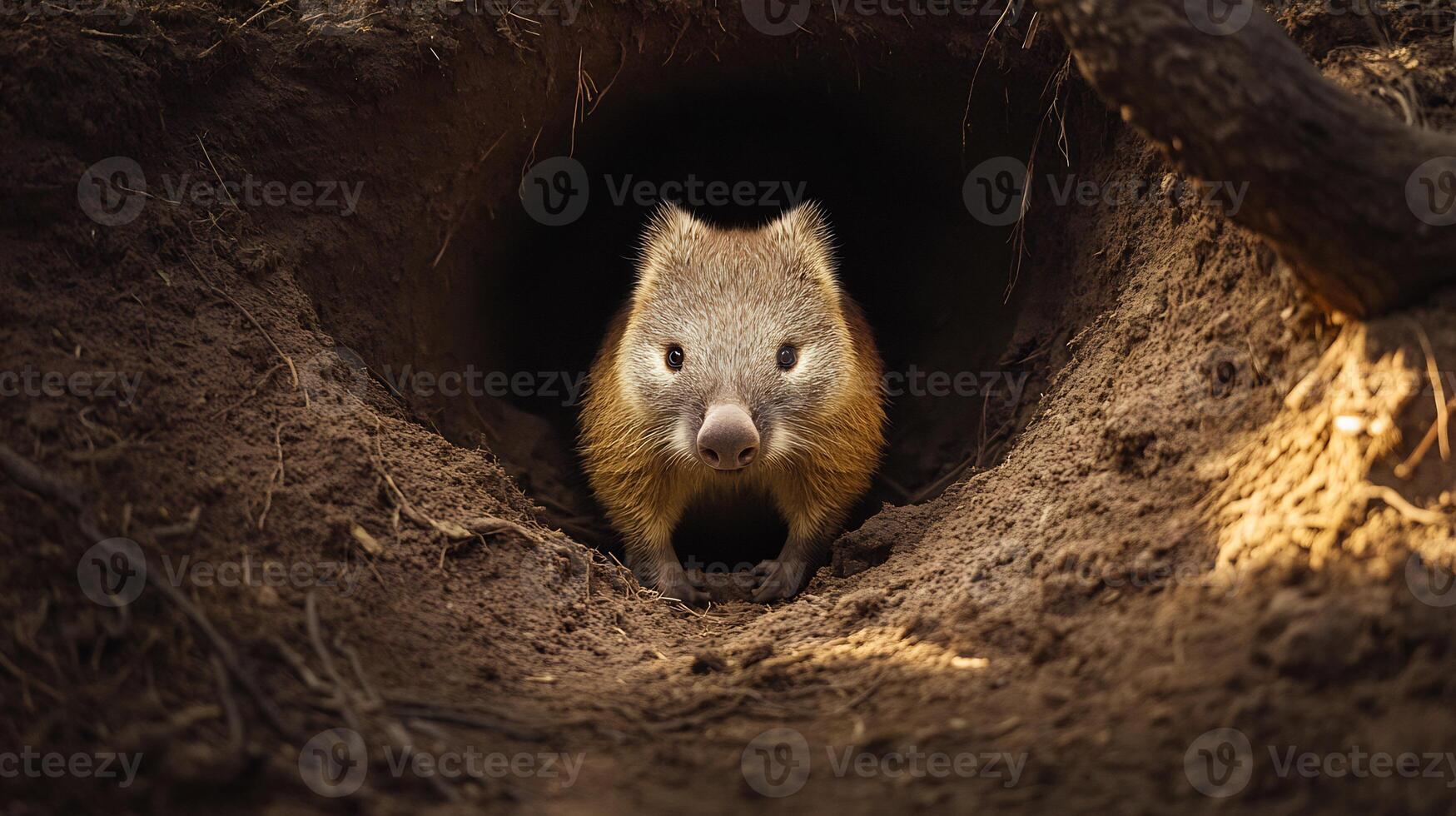 Wombat peering out of burrow in the Australian bush with soft light illuminating its fur and the textures of the surrounding earth captured with a low angle lens for an intimate perspective photo